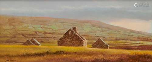 A. HALE JOHNSON, (American, b. 1937), Stone Barns in an Irish Landscape, oil on board, 8 x 18 in., frame: 12 1/2 x 22 1/2 in.