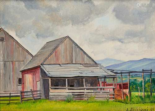 LUIGI LUCIONI, (American, 1900-1988), Landscape with Barn, 1941, oil on masonite, 5 x 6 in., frame: 7 1/2 x 9 in.