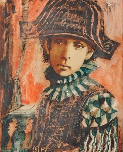 CONGER A. METCALF, (American, 1914-1998), Boy with Hat, gouache and oil on paper, sight: 14 x 12 in., frame: 24 x 20 in.