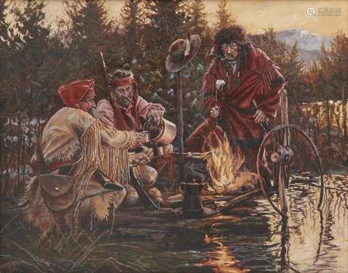 JOHN DeMOTT, (American, b. 1954), Beaver Men ''n Whiskey, oil on canvas, 24 x 30 in., frame: 33 x 39 in.