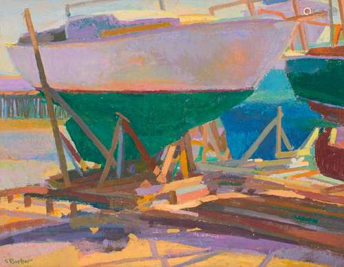 SAM BARBER, (American, b. 1943), Boatyard, oil on Masonite, 22 x 28 in., frame: 31 1/2 x 37 1/2 in.