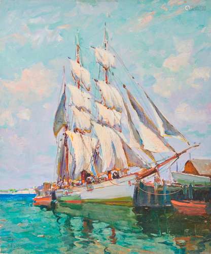 ANTHONY THIEME, (American, 1888-1954), Drying Sails, oil on canvas, 30 x 25 in.