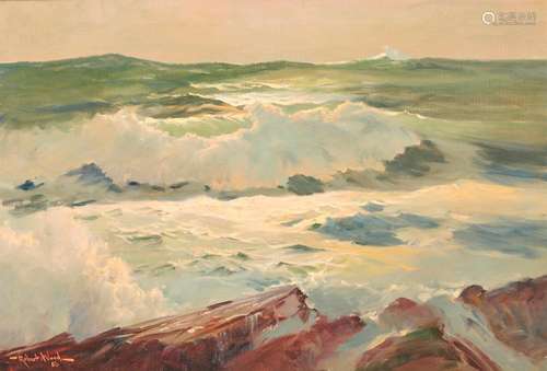 ROBERT WILLIAM WOOD, (American, 1889-1979), Rocks and Surf, 1956, oil on canvas, 22 x 32 in., frame: 31 x 41 in.