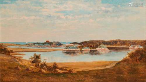 FRANK HENRY SHAPLEIGH, (American, 1842-1906), Cohasset Harbor, 1879, oil on canvas laid on board, 14 x 24 in., frame: 24 1/2 x 34 1/2 in.