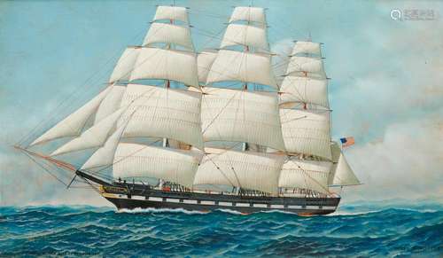 ANTONIO JACOBSEN, (American, 1850-1921), Helena, the Pioneer Clipper, 1919, oil on board, 18 x 30 in., frame: 25 1/2 x 37 1/2 in.