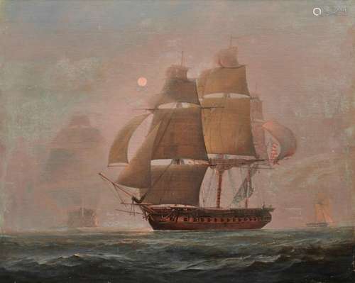 CHARLES HENRY SEAFORTH, (English, 1801- ca. 1872), The American Frigate Constitution Bearing Up and Making Sail on Discovery of an English Three-Decker through the Fog, oil on canvas, 24 x 28 1/2 in., frame: 26 x 31 1...