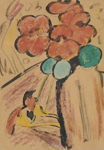 ERICH HECKEL, (German, 1883-1970), Stillleben (Flowers in a Vase), gouache and crayon postcard, 6 x 4 in., frame: 16 7/8 x 13 1/2 in.