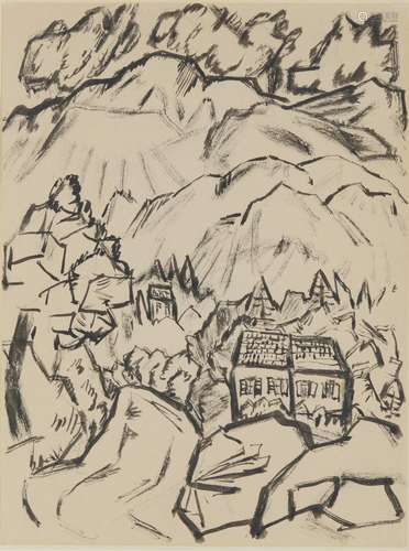 MARSDEN HARTLEY, (American, 1877-1943), Landscape #31, black ink on paper, sheet: 11 7/8 x 8 7/8 in., frame: 19 3/4 x 16 1/4 in.