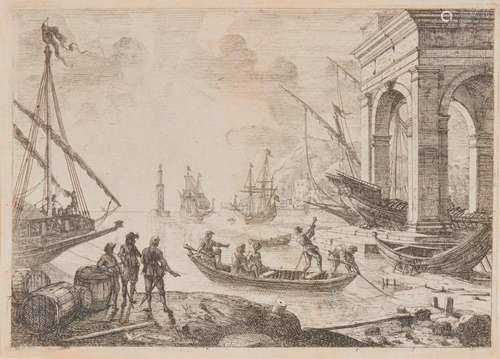 CLAUDE LORRAIN, (French, ca. 1600-1682), Le Port de Mer au fanal (Harbor Scene with Lighthouse), etching, sheet: 5 3/4 x 8 in., frame: 14 1/4 x 17 1/2 in.