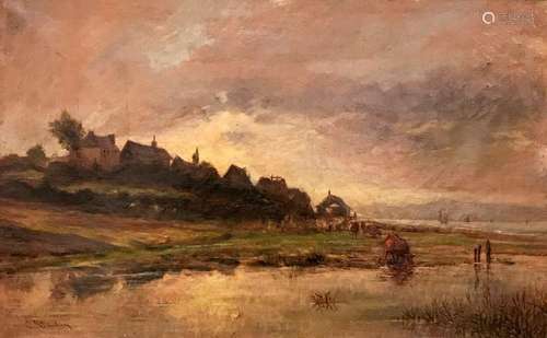 CHARLES FRANCOIS DAUBIGNY, (French, 1817-1878), Pastoral View, oil on canvas, 15 x 24 in. frame: 22 1/2 x 31 1/2 in.