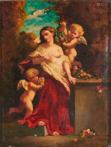 NARCISSE VIRGILE DIAZ de la PENA, (French, 1808-1876), Woman with Putti, oil on panel, 13 1/2 x 10 1/4 in., frame: 22 1/2 x 19 1/2 in.