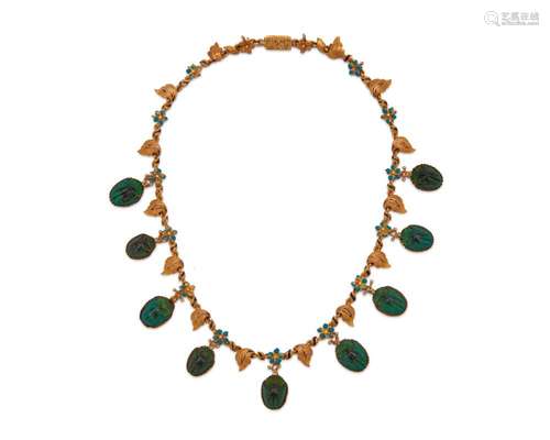 18K Gold, Beetle Carapace, and Enamel Necklace