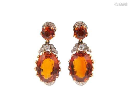 Platinum, 14K Gold, Imperial Topaz, and Diamond Pendant Earrings