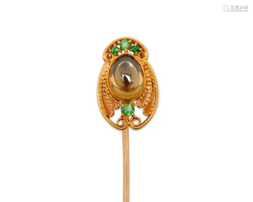 TIFFANY & CO. 18K Gold, Chrysoberyl, Plique-a-Jour, and Demantoid Garnet Stick Pin