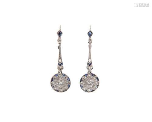 Platinum, 14K Gold, Diamond, and Sapphire Pendant Earrings