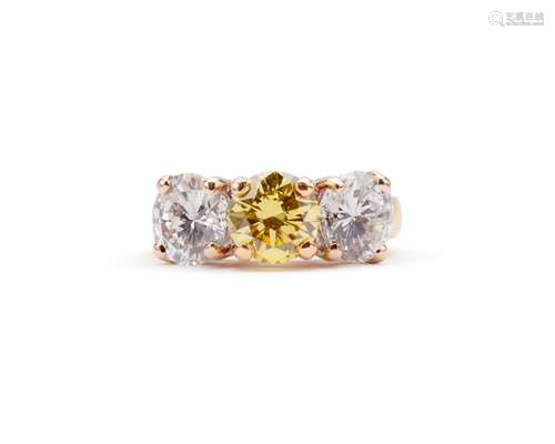 18K Gold, Colored Diamond, and Diamond Ring