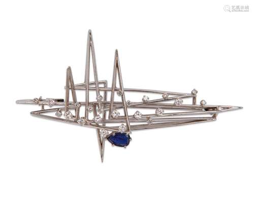 18K Gold, Diamond, and Sapphire Brooch