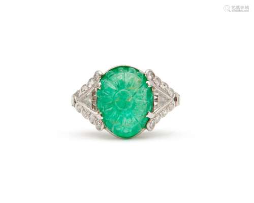 Platinum, Carved Emerald, and Diamond Ring