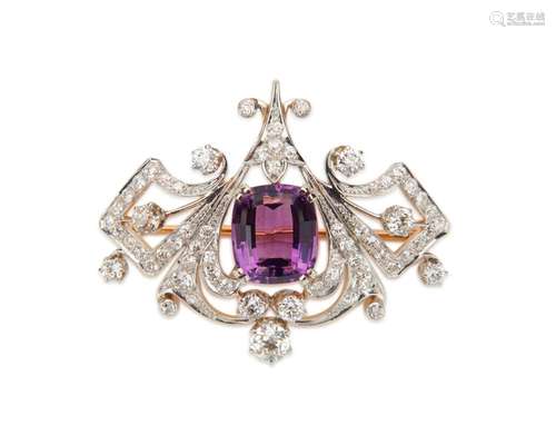 Platinum, 18K Gold, Diamond, and Amethyst Pendant/Brooch