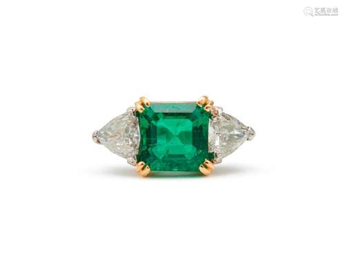 Platinum, 18K Gold, Emerald, and Diamond Ring