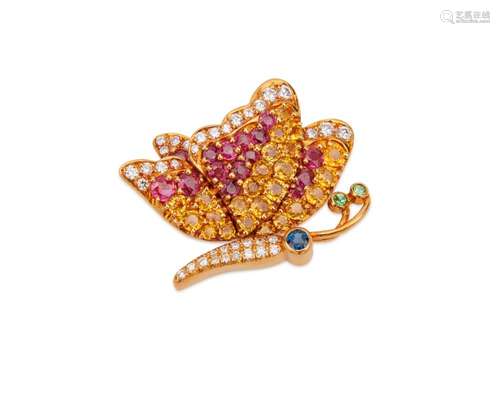 JEAN VITAU 18K Gold, Diamond, and Gemset Butterfly Brooch