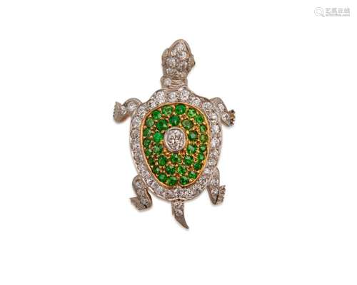 18K Gold, Platinum, Demantoid Garnet, and Diamond Turtle Pendant/Brooch, retailed by A. STOWELL & CO.