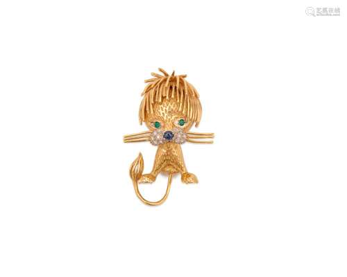 18K Gold, Diamond, and Gemset Lion Brooch