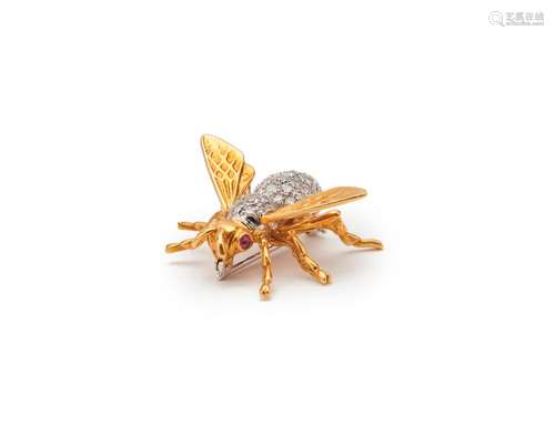 18K Gold, Diamond, and Ruby Bee Brooch