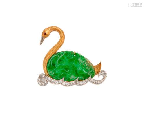 18K Gold, Platinum, Carved Jadeite, and Diamond Swan Brooch