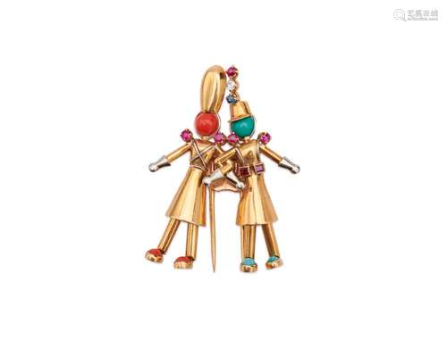 YAECHE FRERES 18K Gold, Diamond, Ruby, Sapphire, Coral, and Turquoise Figural Brooch