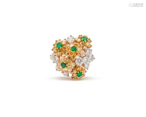 18K Gold, Platinum, Colored Diamond, Diamond, and Emerald Ring