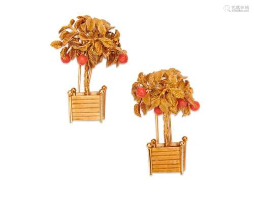 Pair of DIOR 18K Gold and Coral Brooches