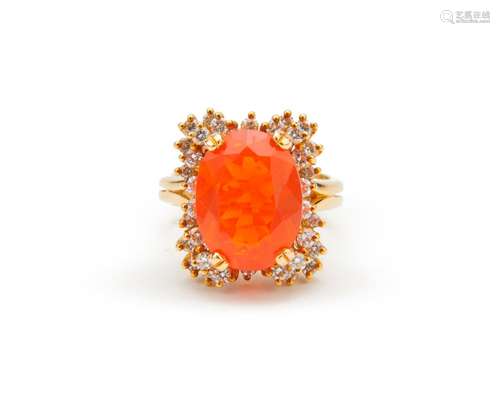 18K Gold, Mexican Fire Opal, and Diamond Ring