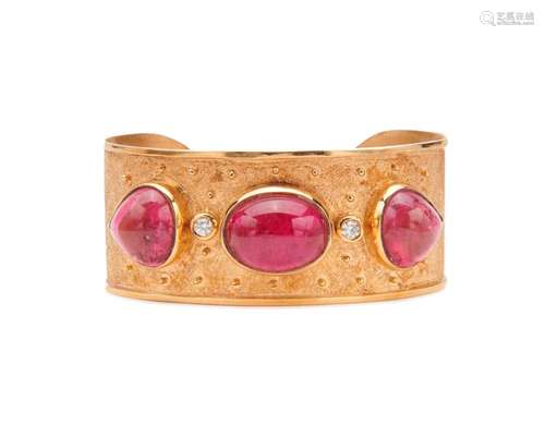 14K Gold, Rubellite, and Diamond Bracelet