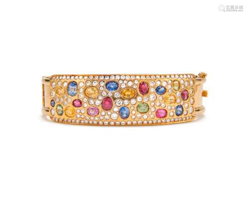 18K Gold, Diamond, and Sapphire Bangle Bracelet