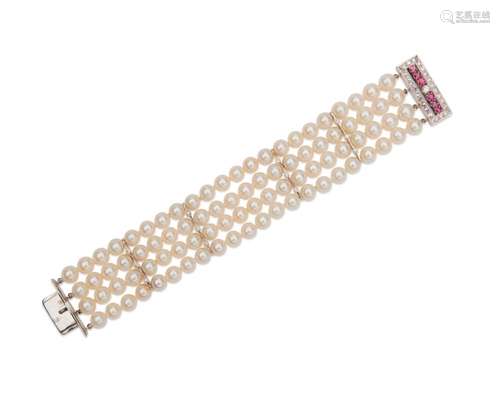 14K Gold, Pearl, Diamond, and Ruby Bracelet