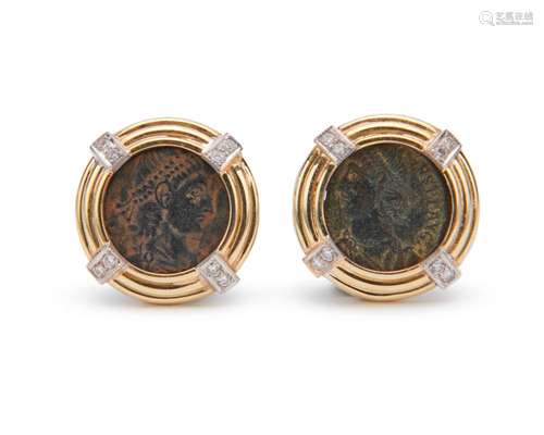 18K Gold, Coin, and Diamond Earrings