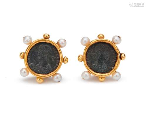 18K Gold, Coin, and Pearl Earrings