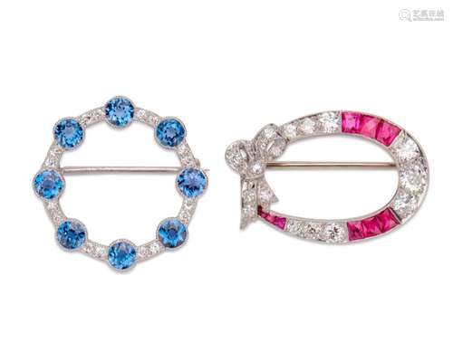 Two Platinum, Diamond, and Gemset Brooches