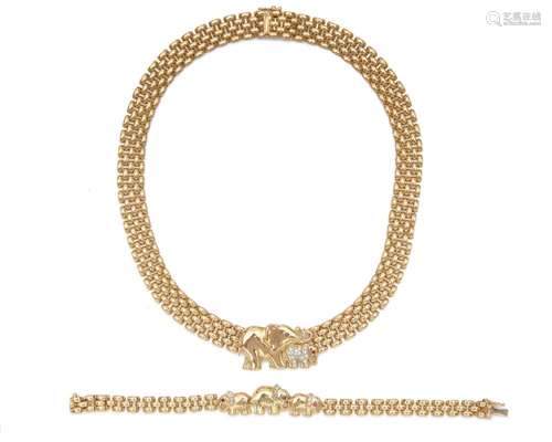 14K Gold, Diamond, and Ruby Necklace and Bracelet