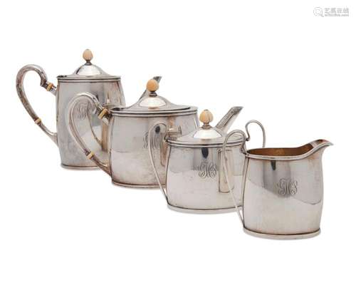 ARTHUR STONE Silver Four Piece Coffee and Tea Service, together with Four ARTHUR STONE Square Silver Dishes and a GLENDENNING Silver Square Dish