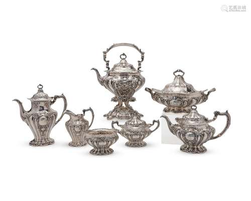 GORHAM Silver Seven Piece Coffee and Tea Service, Chantilly Grande pattern