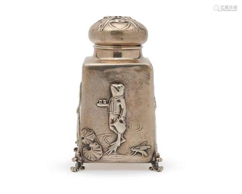 ROGER WILLIAMS SILVER CO., Providence, R.I., Japanesque Silver Rectangular Footed Tea Caddy, A. Stowell & Co, retailer, ca. 1880