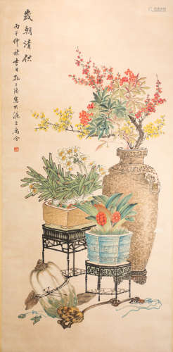 KongXiaoYu ink and wash painting (silk scroll vertical shaft) from Qing