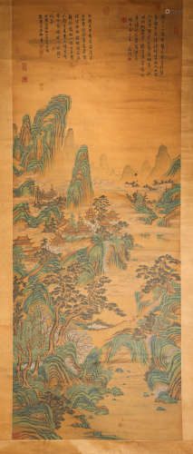 WenZhengMing's ink and wash landscape painting (silk scroll vertical shaft) from Ming