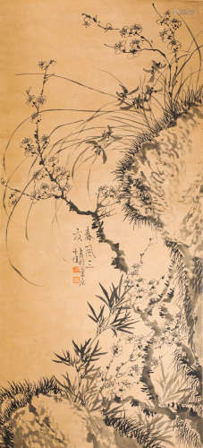WangShiZhen ink and wash painting (silk scroll vertical shaft) from Qing