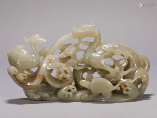 HeTian Jade Ornament in Dragon and Phoenix from Qing