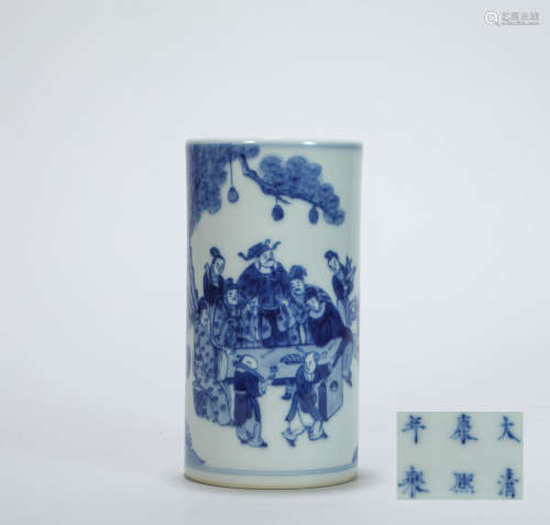Blue and White Pottery Pen Holder from Qing
