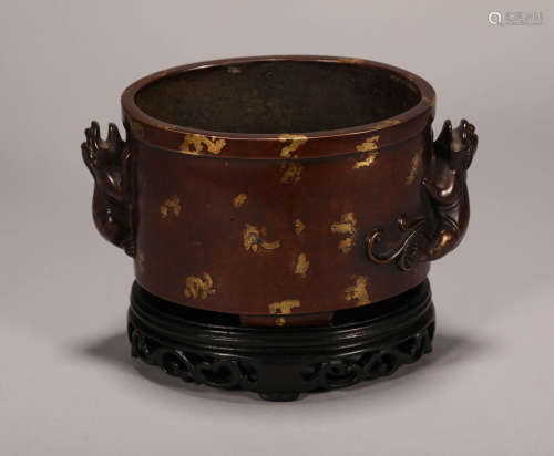 Copper inlaying with Gold Censer with two Beasts from Qing