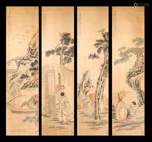QianHuiAn ink and wash painting divided by four parts (silk scroll vertical shaft) from Qing